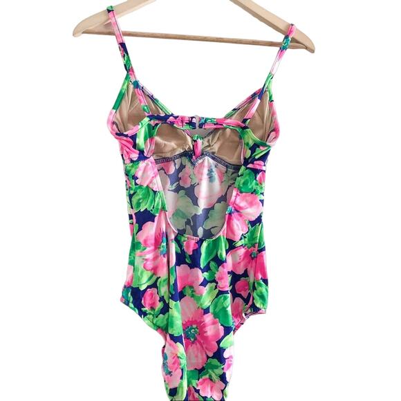Vintage Floral Swimsuit Neon Retro One Piece Swimwear - Picture 3 of 5